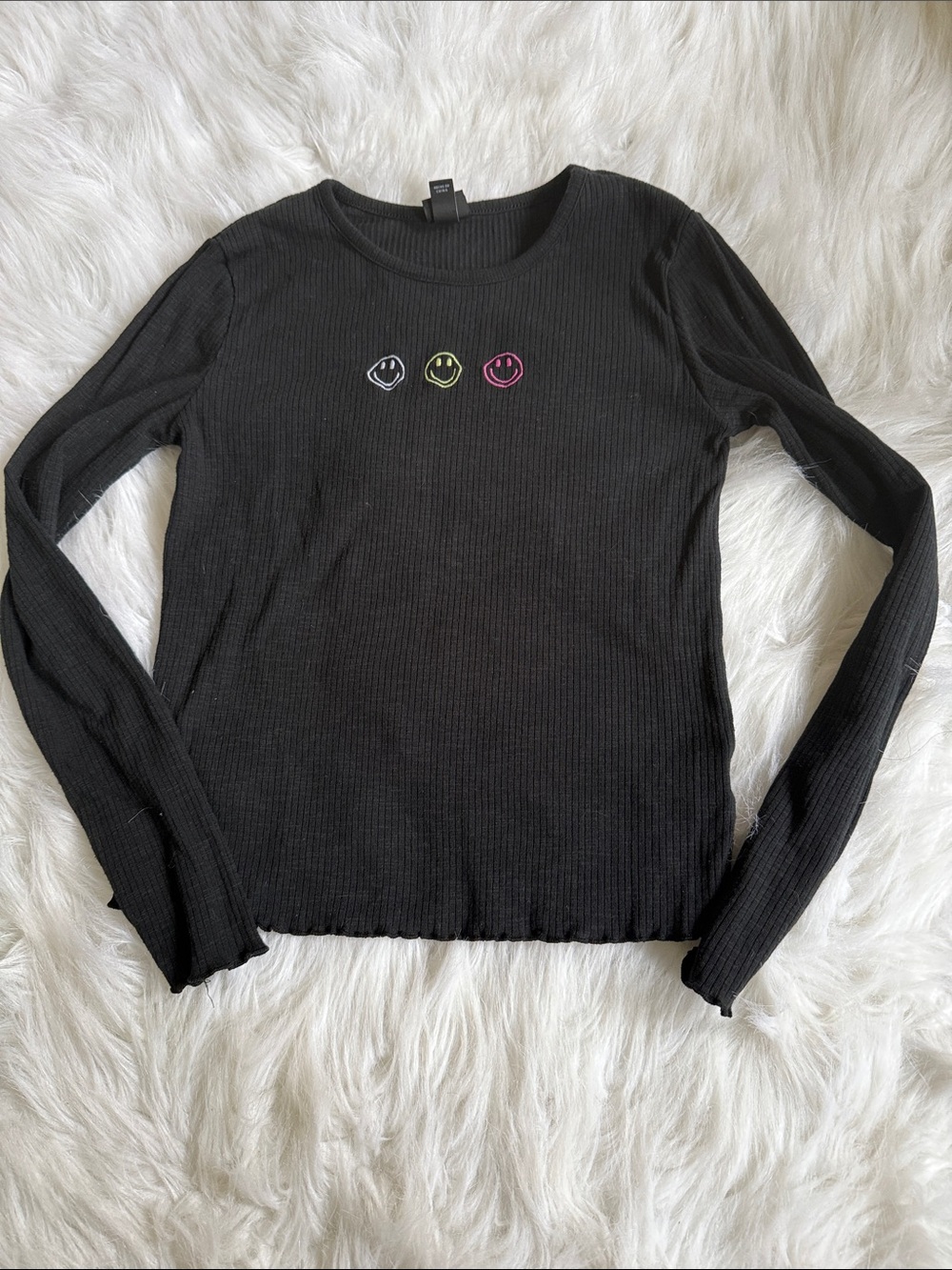 art class Black Ribbed Long-Sleeve Top with Neon Smiley Trio